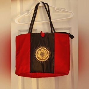 Vintage Red Satin Oriental Bag 15" x 12", Excellent Condition